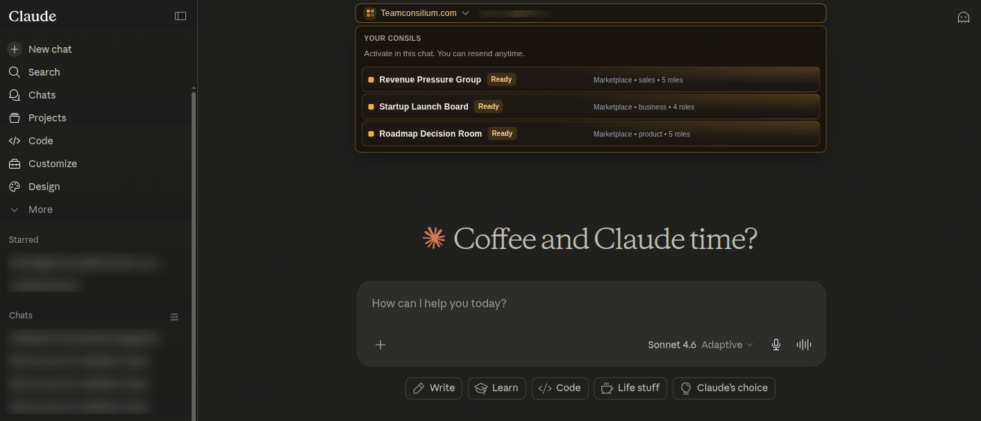 Consilium Bar showing three ready teams inside Claude